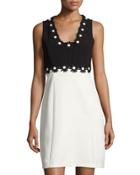 Colorblock Daisy-trim Crepe Dress, Black/white
