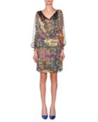 V-neck Long-sleeve Floral-print Chiffon Dress W/ Allover Fringe
