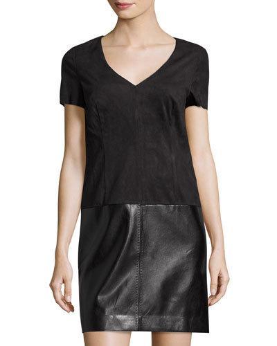 Faux-suede & Faux-leather Shift Dress, Black