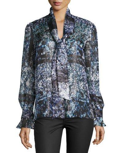 Brielle Metallic Tie-neck Blouse, Polar Nightshade