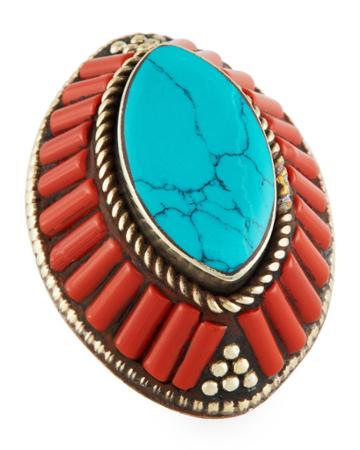 Coral & Turquoise Marquis Ring, Adjustable