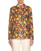Embellished-collar Long-sleeve Zip-back Floral-print Blouse
