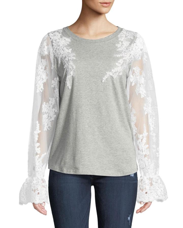 Embroidered Lace-sleeve Tee