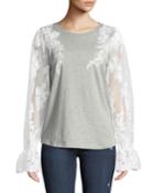 Embroidered Lace-sleeve Tee