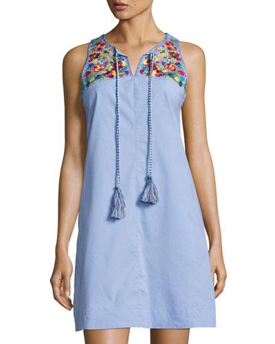 Tassel-tie Embroidered Dress, Blue