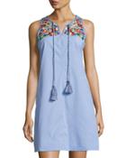 Tassel-tie Embroidered Dress, Blue