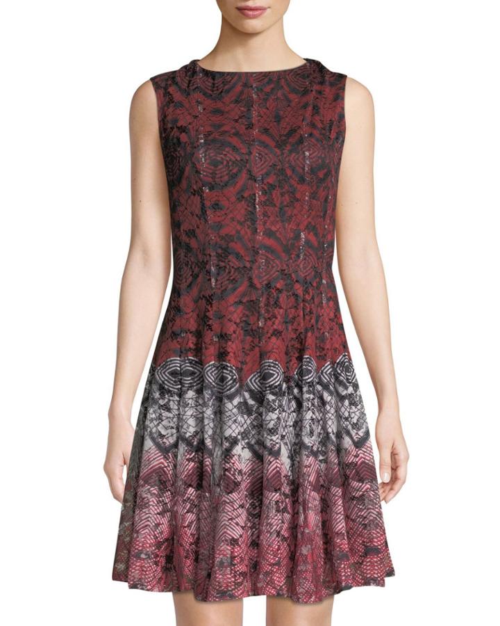 Sleeveless Printed-lace Fit-&-flare Dress