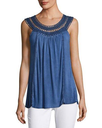 Oil-wash Crochet-trim Tank, Indigo