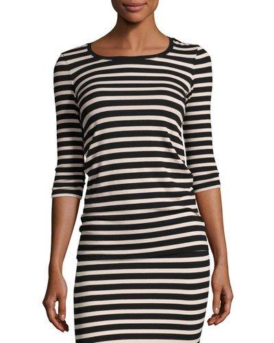 3/4-sleeve Striped Jersey Top, Pink/black