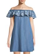 Off-the-shoulder Embroidered Chambray Dress