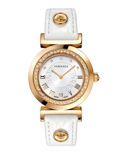 35mm Vanity Round Watch W/ Diamond Bezel & Leather Strap, Golden/white
