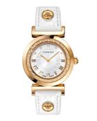 35mm Vanity Round Watch W/ Diamond Bezel & Leather Strap, Golden/white