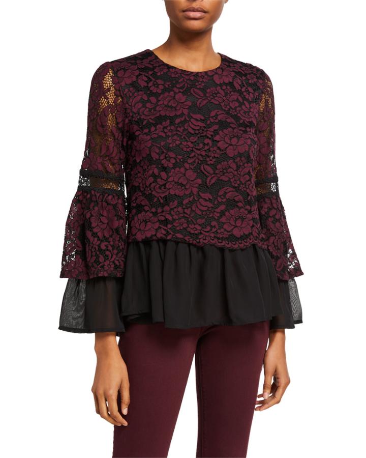 Lace Bell-sleeve Scallop Peplum Blouse