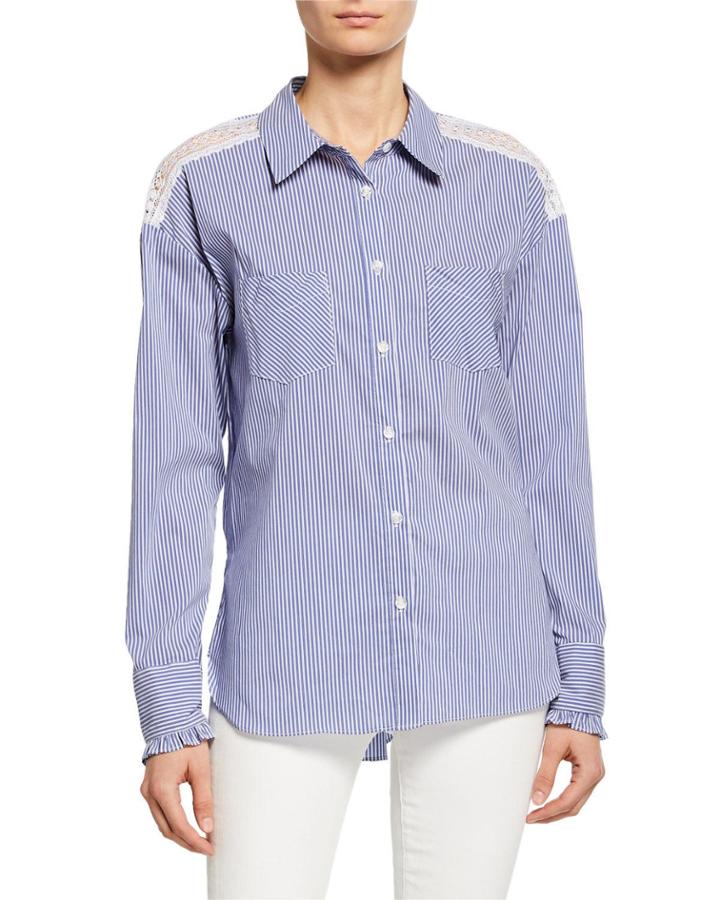 Stripe Lace-shoulder Button-down Top