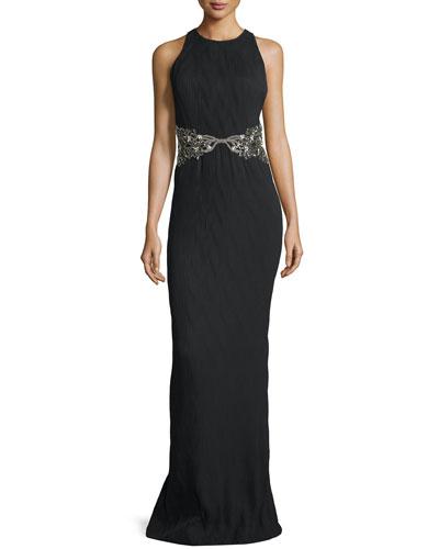 Embellished-waist Racerback Column Gown, Black