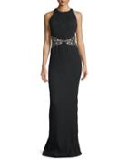 Embellished-waist Racerback Column Gown, Black