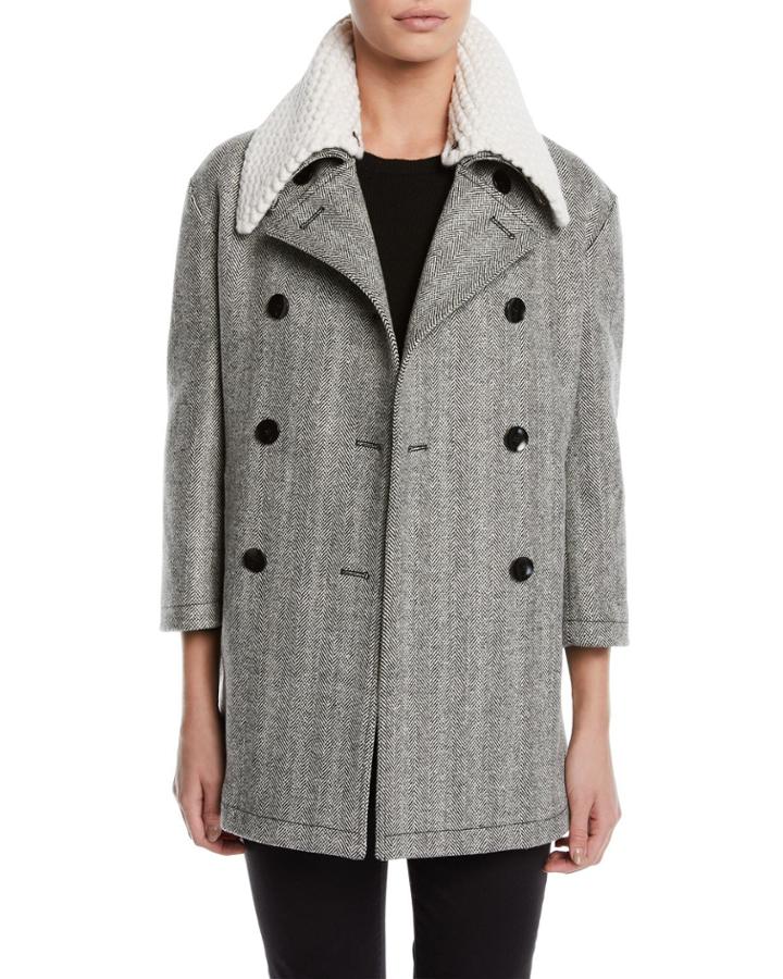 Double-breasted Herringbone Car Coat W/ Removable Crochet Collar