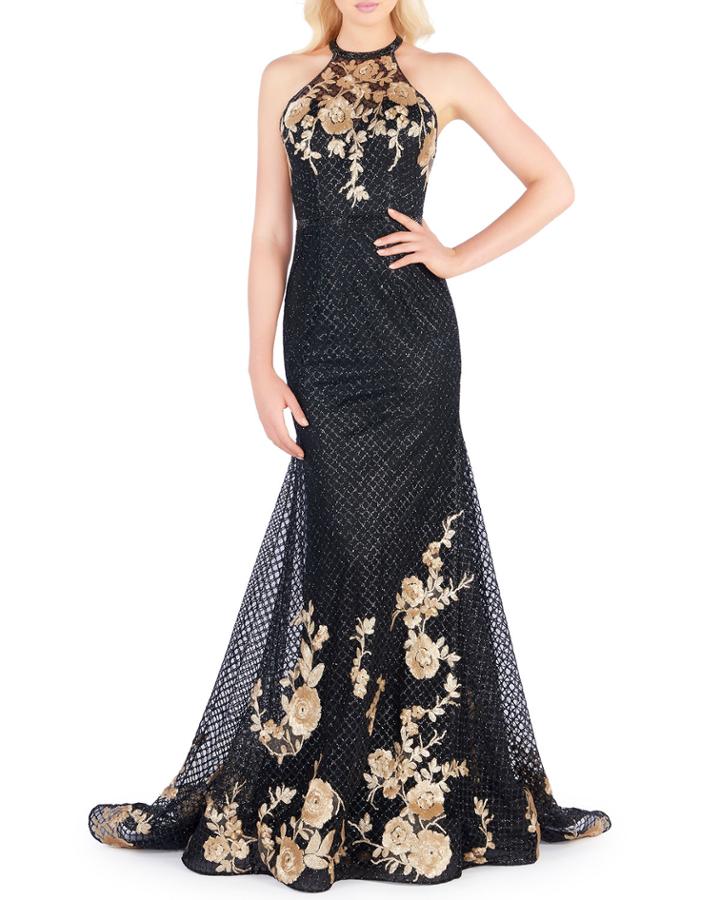 Floral Applique Halter Mesh Trumpet Gown