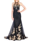 Floral Applique Halter Mesh Trumpet Gown