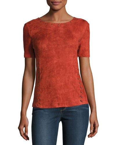 Eyelet-detail Faux-suede Top, Rust