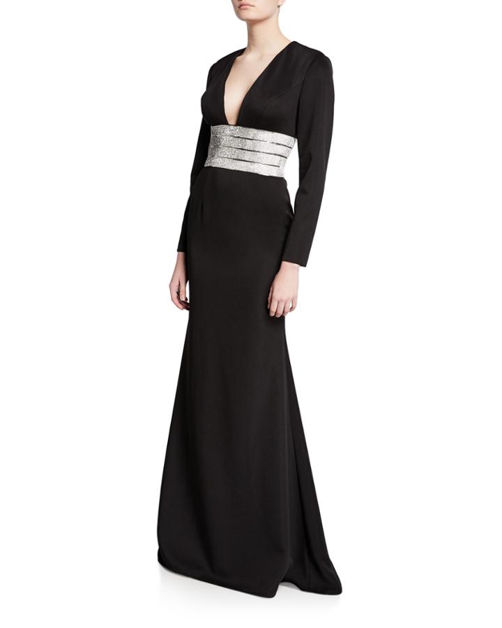 V-neck Long-sleeve Gown With Beaded Belt