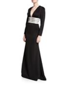 V-neck Long-sleeve Gown With Beaded Belt