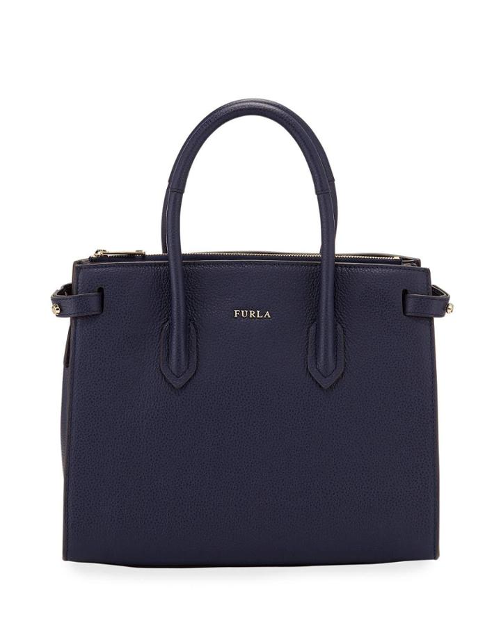 Pin Small Leather Satchel Bag, Navy