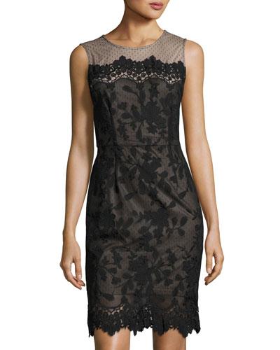 Floral Mesh-yoke Sheath Dress, Black