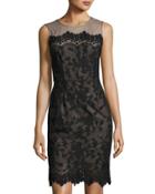 Floral Mesh-yoke Sheath Dress, Black