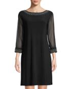 Pearly-trim Round-neck Mesh-sleeve Jersey Cocktail Dress