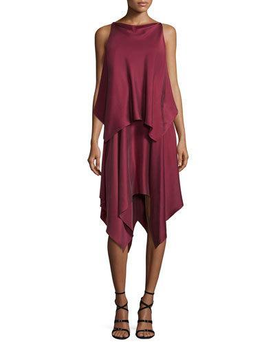 Greer Sleeveless Satin Handkerchief Dress, Raspberry