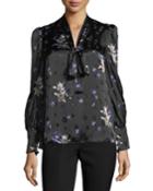 Long-sleeve Floral-print Tie-neck Top