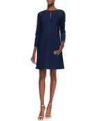 Long-sleeve Slit-front Dress, Navy