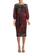 3/4-sleeve Belted Damask-print Tulle Dress