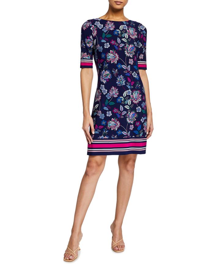 Printed Elbow Sleeve A-line Dress