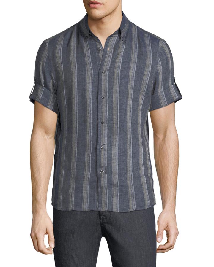 Leisure-fit Rolled-sleeve Striped Linen