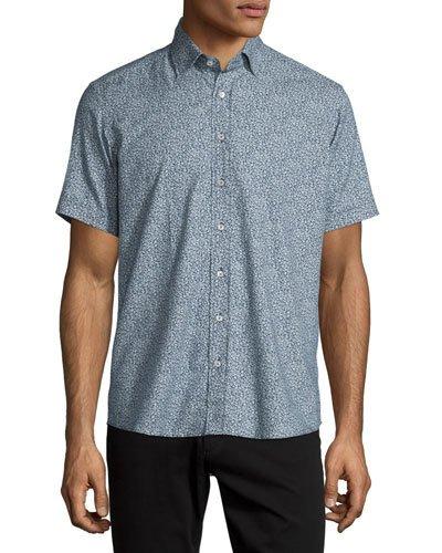 Paisley-print Short-sleeve Sport Shirt, Navy/white