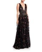Nicole Rosebud V-neck Sleeveless Ruffle-trim Organza Gown
