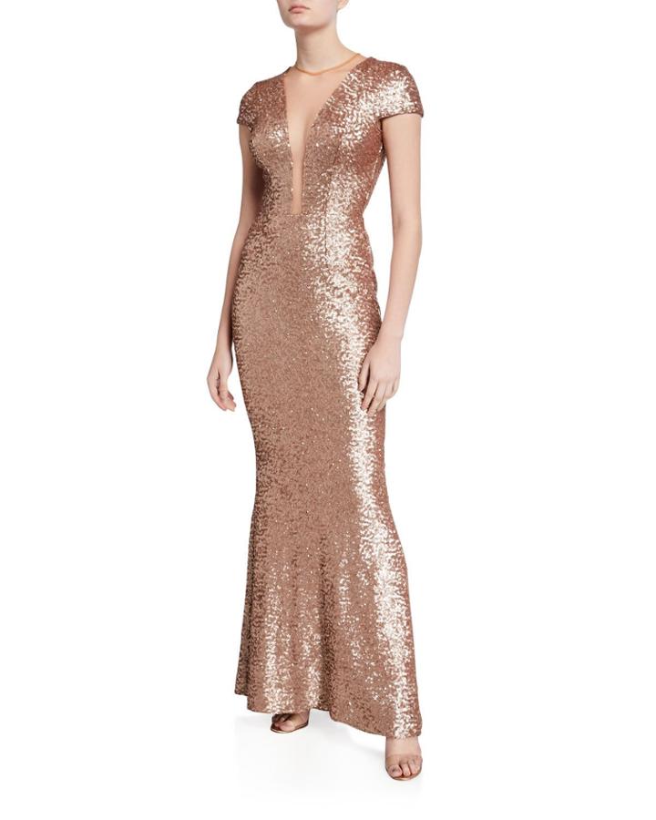 Michelle Sequin Illusion-neck Cap-sleeve