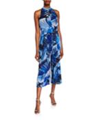 Halter Palm-print Cropped Jumpsuit