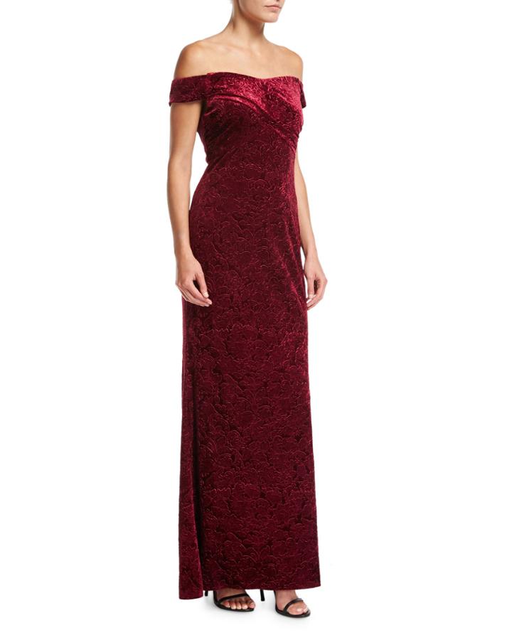 Off-the-shoulder Embossed Velvet Evening Gown
