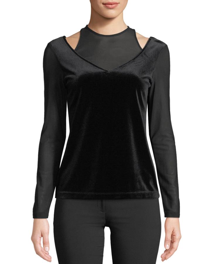 Hazel Velvet Open-detail Long-sleeve Top
