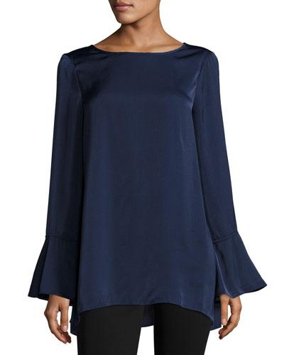 Satin Bell-sleeve Blouse, Navy