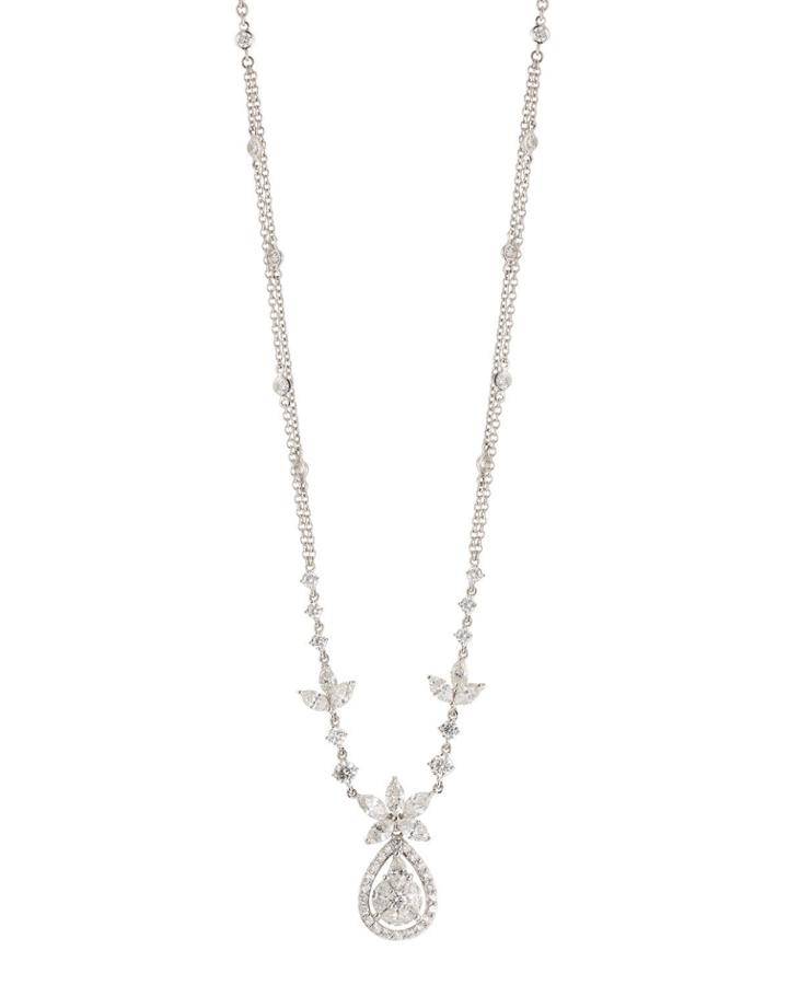 18k White Gold Flower & Teardrop Diamond Pendant Necklace