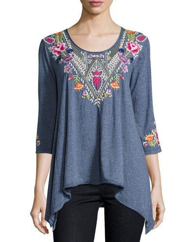 Josephine Embroidered-yoke Tee, Navy