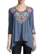 Josephine Embroidered-yoke Tee, Navy