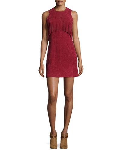 Sleeveless Suede Mini-dress W/fringe, Wine