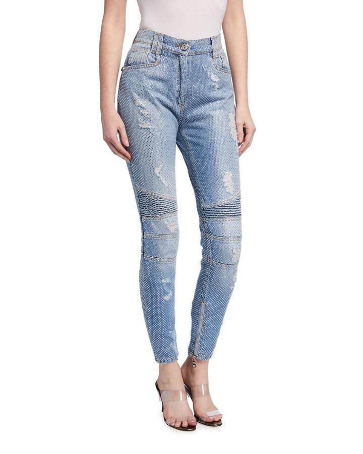 Strass Distressed Embellished Biker Jeans