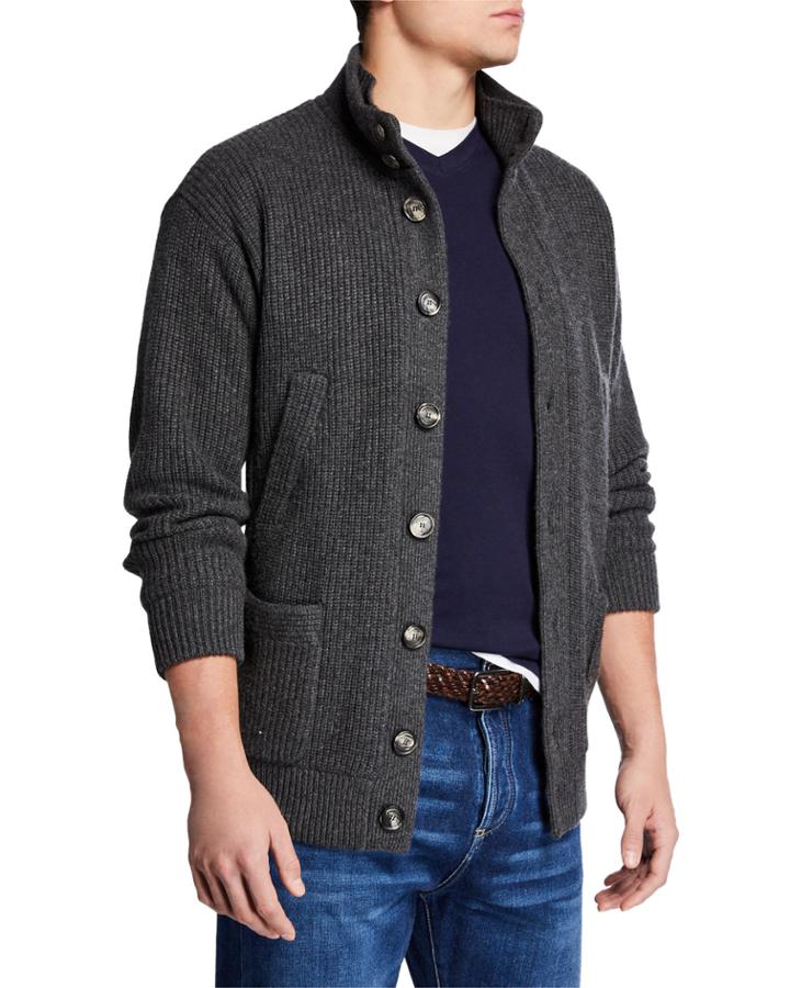 Men's Brioche-stitch Cashmere Cardigan