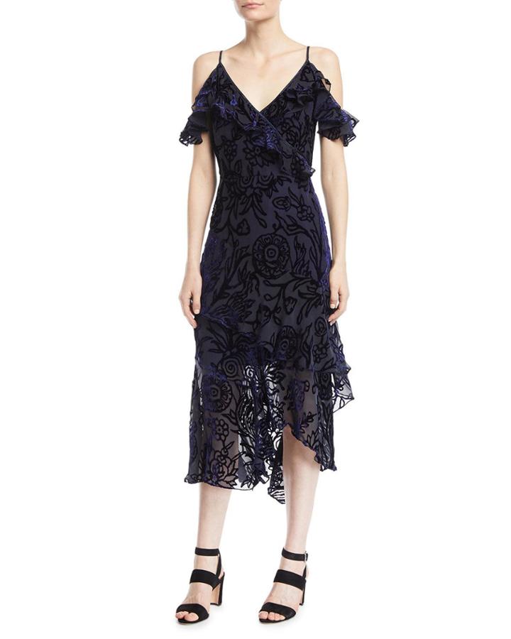 Sleeveless Flutter-sleeve Velvet Devore Cocktail Dress